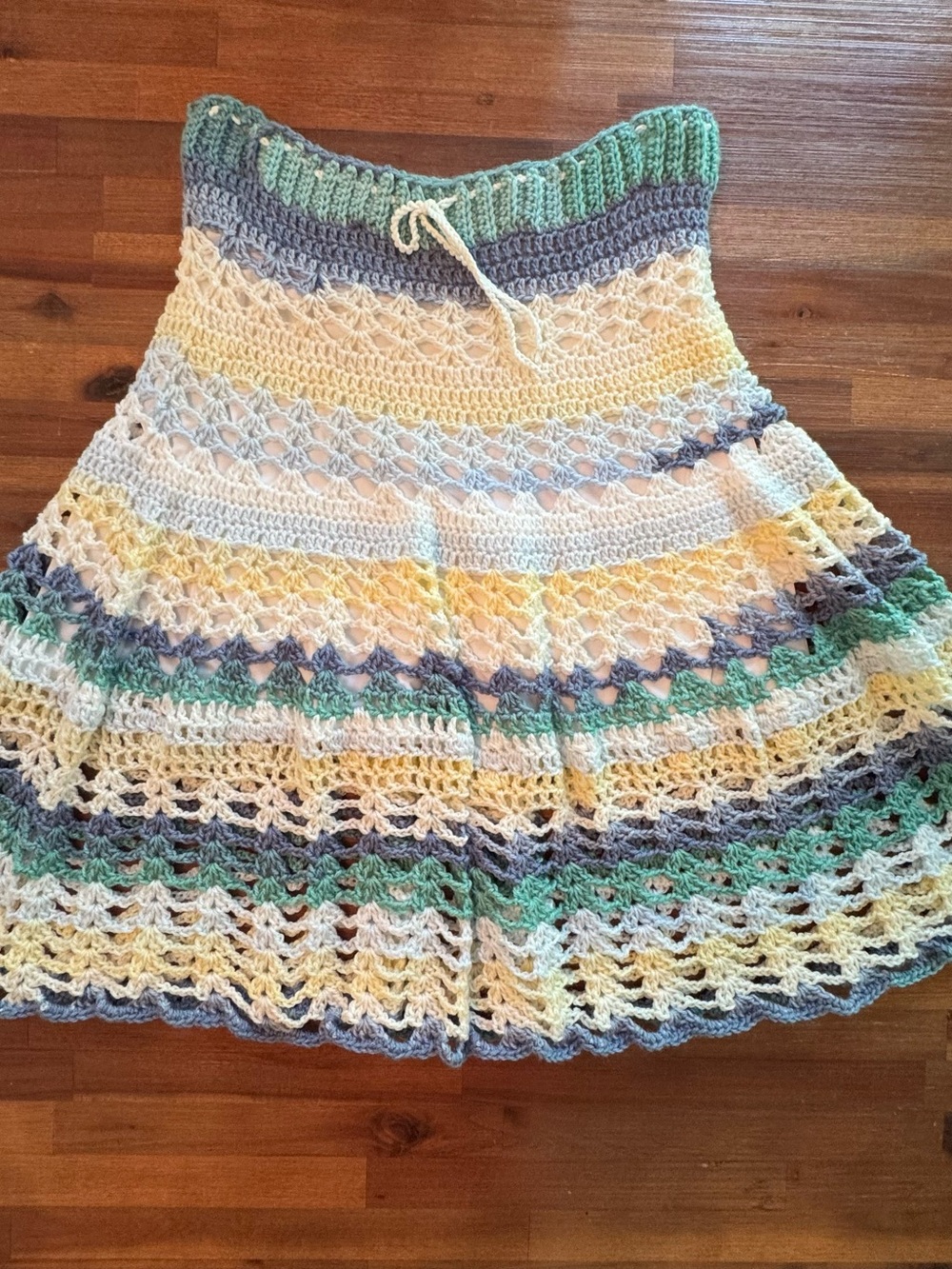 Handmade Crochet A-Line Skirt in Pastel Yellow, Green & Blue